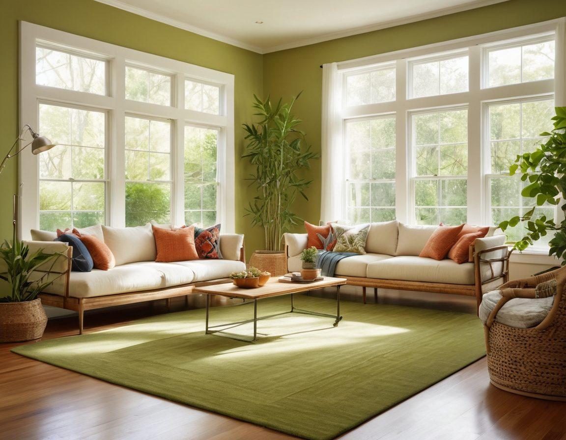 A serene living room showcasing various eco-friendly flooring options, including bamboo, cork, and recycled materials. Lush plants subtly placed around the room and natural light streaming through large windows, emphasizing a connection to nature. An inviting atmosphere with a cozy rug and light-colored furniture, suggesting budget-friendly elegance. super-realistic. vibrant colors. natural light.