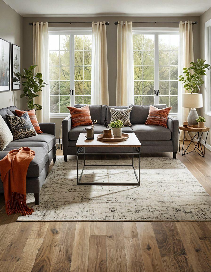 A beautifully transformed interior showcasing various styles of Mohawk flooring, including modern hardwood, rustic laminate, and elegant carpet in a cozy living room setting. Include vibrant accents like decorative plants, stylish furniture, and natural light streaming through the windows, emphasizing a sense of comfort and versatility. Capture a spectrum of flooring textures and colors to reflect different budgets and aesthetics. soft lighting. inviting atmosphere. super-realistic.