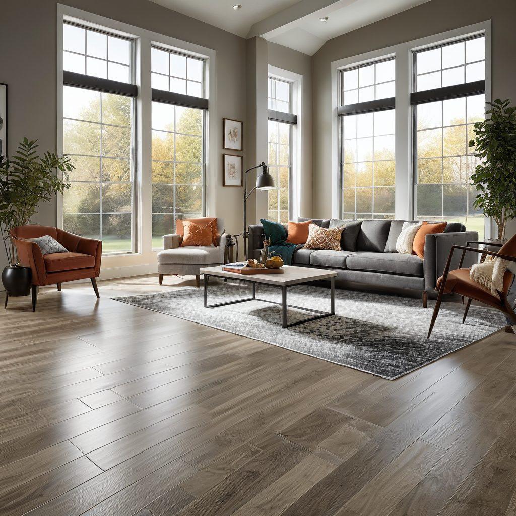 An inviting modern living space showcasing beautifully installed Mohawk flooring, with tools and maintenance products artfully arranged nearby. The scene should highlight the transformation of the space, with natural light streaming in through large windows, casting warm shadows on the floor. Include a vibrant color palette that emphasizes the textures and patterns of the flooring. super-realistic. bright and airy.
